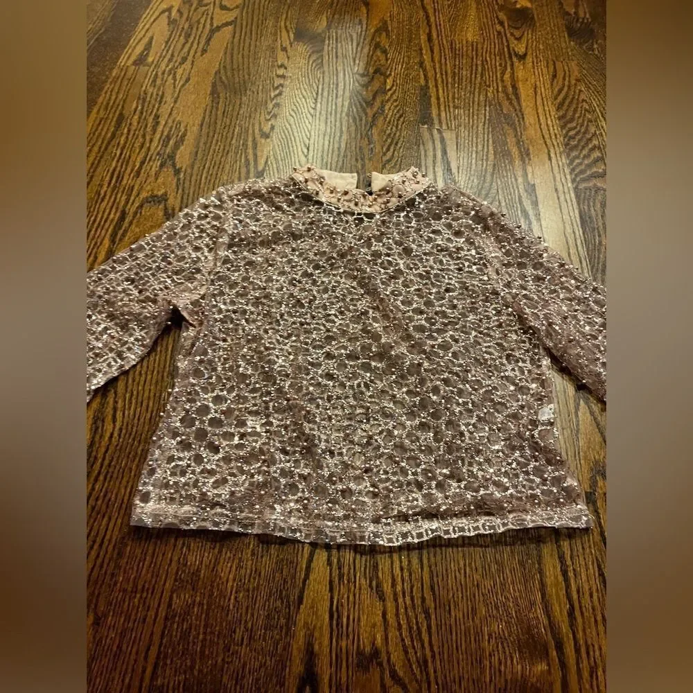 By Anthropologie Blue Tassel Pearl-Embellished Long-Sleeve Top Medium